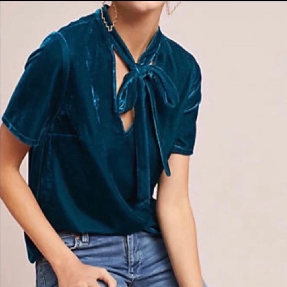 Sunday in Brooklyn deep teal velvet tie neck top/shirt - Picture 2 of 6